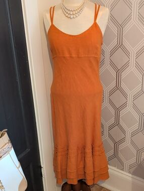 Sleeveless Orange 100% Linen Maxi Dress with Double Straps